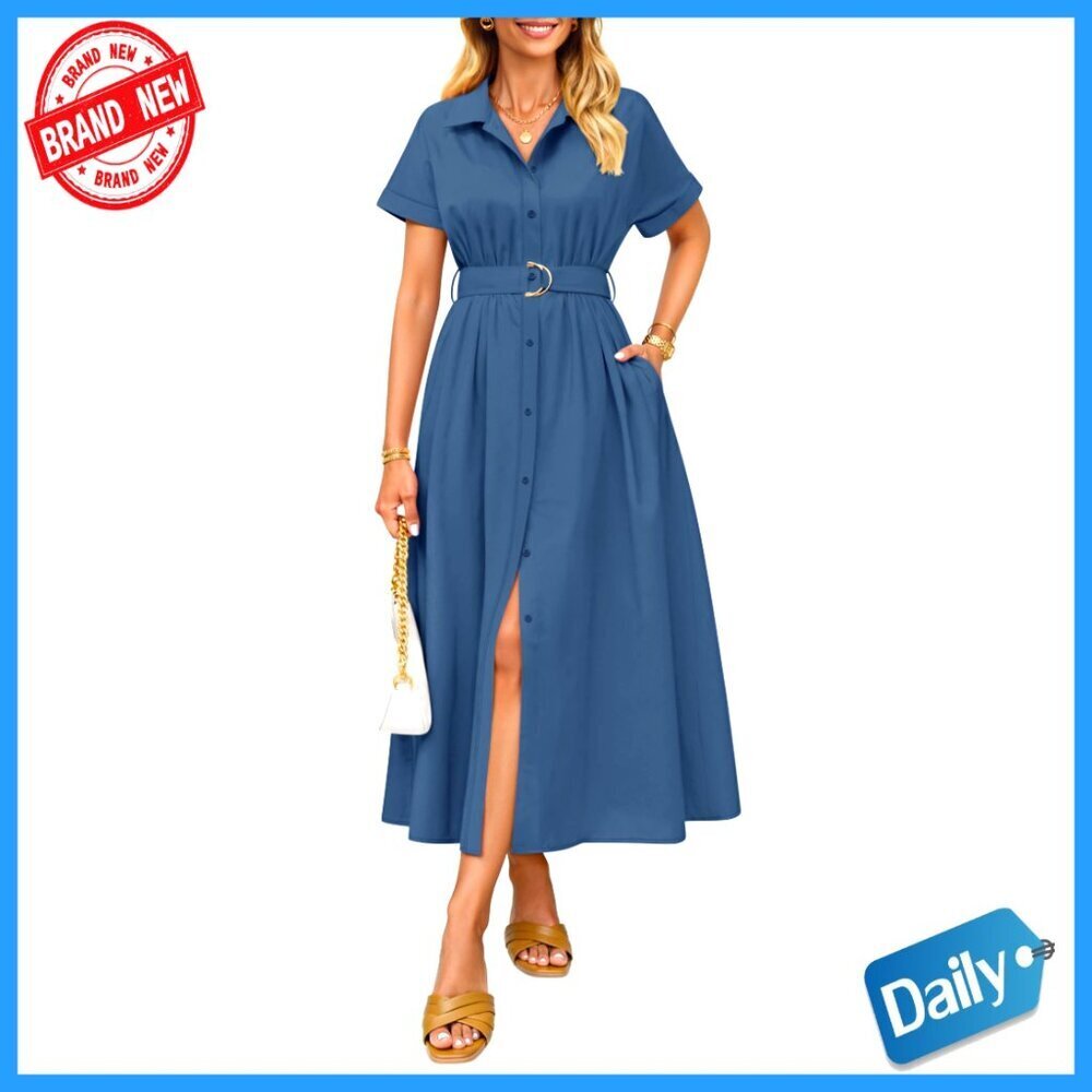 Summer Short Sleeve Midi Dress Button Down A Line Belt Work Casual Chic